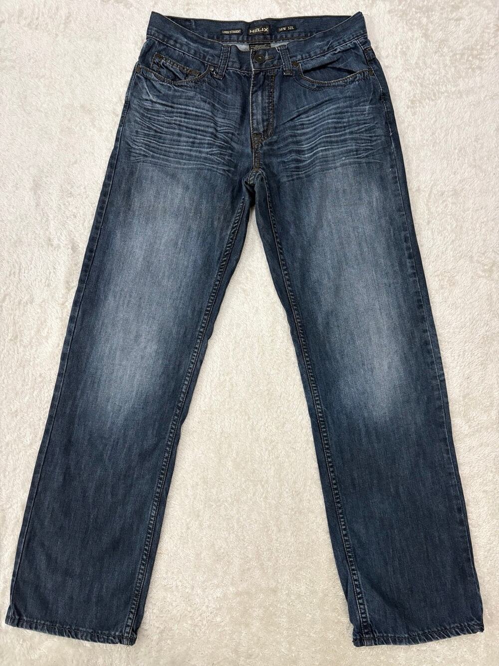 Helix Mens 30x32 Loose Straight Baggy Jeans Y2K Skater Whiskered Blue Denim